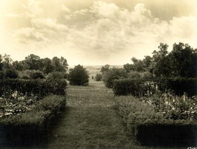Looking over DuPage Valley from Thornhill residence sunroom through hedges
