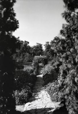 Brick path toward wooden structure in Morton residence gardens