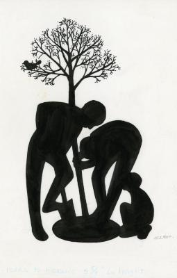 People planting trees: two men planting a tree, child kneeling