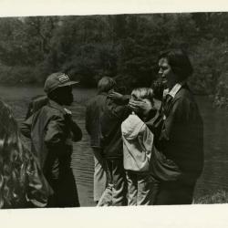 Morton Arboretum Naturalist Guide, Mickey Shaw, with school group around Lake Marmo