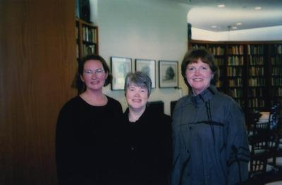 Sterling Morton Library Gala opening, Rita Hassert and Nancy Hart with keynote speaker, Charlotte Tancin, in the main reading room