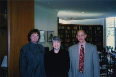 Sterling Morton Library Gala opening, Nancy Hart and Michael Steiber with keynote speaker, Charlotte Tancin, in the main reading room