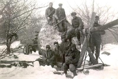 Eight men (Roy Burnside at bottom left seated) seated on and around root balled tree on sled in winter snow