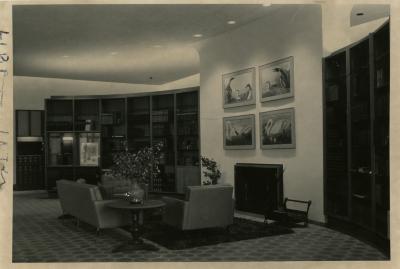 Sterling Morton Library Main Reading Room, seating area and fireplace