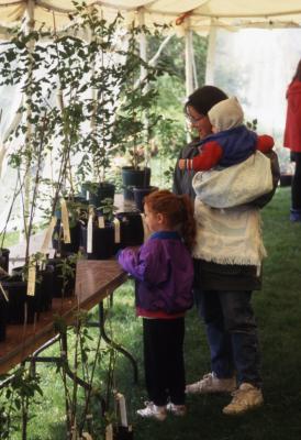 Woman with two children looking at plants in Arbor Week surplus plant sale tent