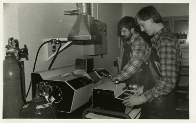 Soil scientists, Pat Kelsey (left) and Rick Hootman, at work in lab