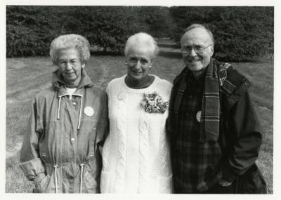 Helen Langrill Retirement Party in tent - Virginia Hall (left), Helen Langrill, Marion Hall in lawn