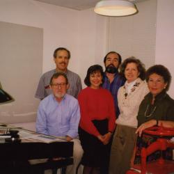 Support group photo in Research Building basement - Joe Larkin (Seated, blue shirt) (Standing L to R): Jim Nachel, Marsha Davis, Tony Byrne, Nancy Stieber, Elaine Fairbanks