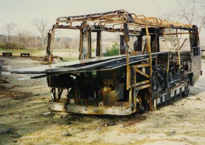 Burned tram/ tour bus at South Farm