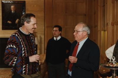 George Ware Retirement Party in Founders Room - group chatting (L to R): Jim Nachel, John Ware, George Ware