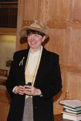 George Ware Retirement Party in Founders Room - birding hat and binoculars - Nancy Stieber