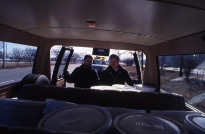 Salt Study, Pat Kelsey and Rick Hootman holding doors and looking inside research van from trunk
