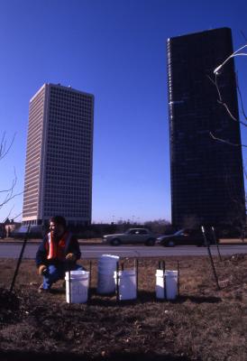 Sat Study, Pat Kelsey setting up buckets in median along Lake Shore Drive with two skyscrapers in background
