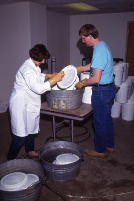 Salt Study, Rick Hootman and Rose Reid washing buckets in research lab
