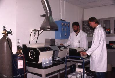 Pat Kelsey and Rick Hootman analyzing soil in lab