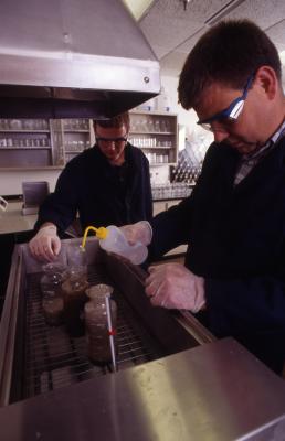 Pat Kelsey and man in lab testing soil