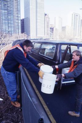 Salt Study, Rick Hootman at van handing Pat Kelsey in median buckets along Lake Shore Drive