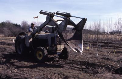 Grounds staff person driving tractor with blade attached to the front, used for transplanting trees