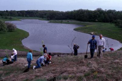 Arboretum employees planting trees on berm with Crabapple Lake in background