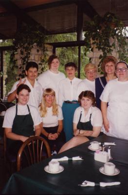 Visitor Center Staff in Ginkgo Tea Room - (Seated Center): Joanne Polley, (Standing Center with blue slacks): Irene Foody, (Standing second from right) Debbie Pack