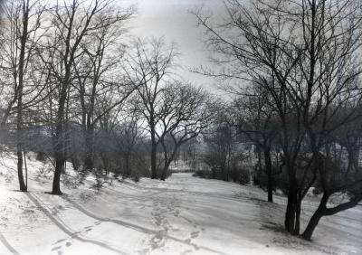 Lake Road along south side of Lake Marmo in winter, looking west from foot of Hemlock Hill on left