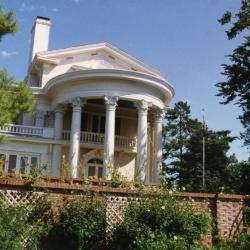 Arbor Lodge State Historical Park and Mansion, exterior, rotunda portico behind garden wall