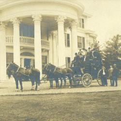 Four horse coach and people in front of Arbor Lodge, after 1903 remodeling