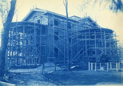 Arbor Lodge remodeling construction, house with rotundas framing erected