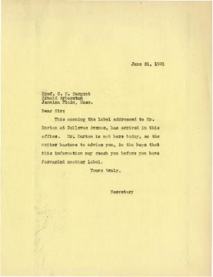 1921/06/21: Joy Morton Secretary to C. S. Sargent