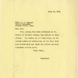 1921/06/21: Joy Morton Secretary to C. S. Sargent