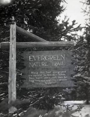 Evergreen Nature Trail entrance sign, close view