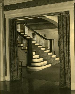 Arbor Lodge album: interior of house, stairs side view through doorway
