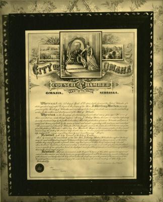 Arbor Lodge album: City Council of Omaha declaration memorializing J. Sterling Morton, May 13, 1902