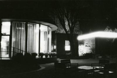 Administration Building rotunda &amp; Sterling Morton Library from patio at night