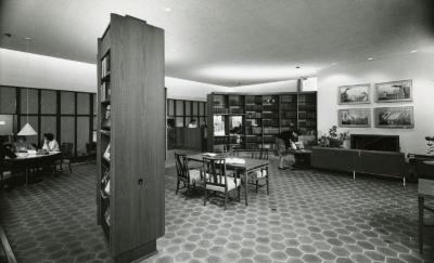 Sterling Morton Library, reading room with guests, panorama facing southeast