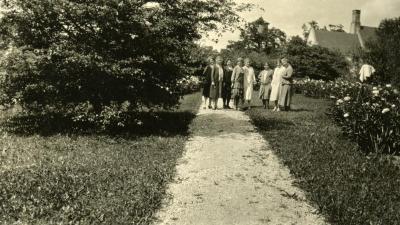  Mrs. Joy Morton and friends, along path in gardens at Thornhill residence