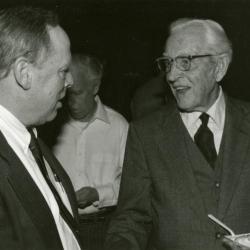 Clarence E. Godshalk's 90th birthday celebration scrapbook: Charles Haffner talking with Clarence Godshalk