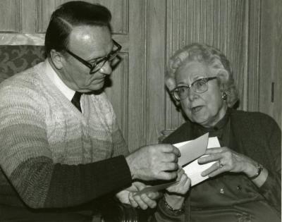 Clarence E. Godshalk's 90th birthday celebration scrapbook: Tony Tyznik with Margaret Godshalk