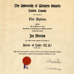 Doctor of Laws (LL.D.) diploma awarded to Joy Morton from University of Western Ontario, London, Canada