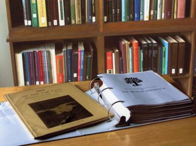 Sterling Morton Library, Reference Room, Plant Collections Catalog and Art of Far East book open on map case