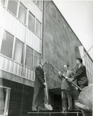 Tree planting at new Morton Salt Building, 110 N. Wacker, outside with shovel and balled tree