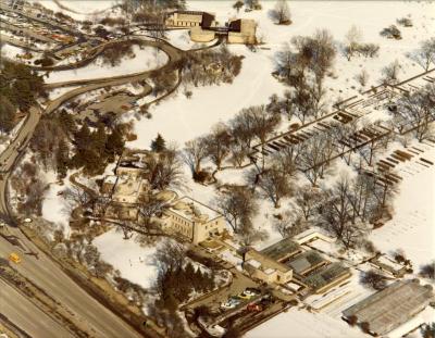 Aerial view of South Farm, Administration Building, and Visitor Center in winter