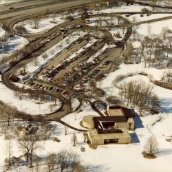 Aerial view of Visitor Center &amp; Main Parking Lot in winter