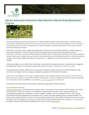 Natural Areas Conservation Training (N-ACT) Press Release