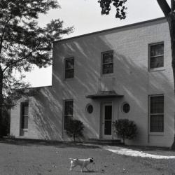 Clarence Godshalk's second Arboretum house, exterior front view from side, dog in lawn
