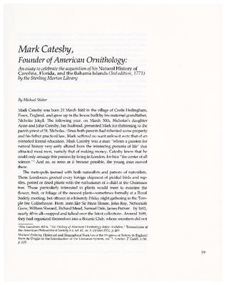 Mark Catesby, Founder of American Ornithology: An essay to celebrate the acquisition of his Natural History of Carolina, Florida and the Bahama Islands (3rd edition, 1771) by the Sterling Morton Library