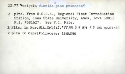 Plant Records Card Catalog, Weigela (weigela)