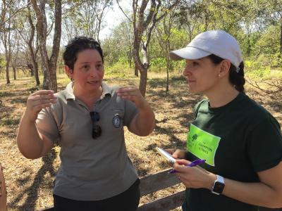 Silvia Alvarez-Clare and Milena Gutierrez Talking to local land managers about conservation of Quercus oleoides