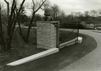 East entrance gatepost with ornamental stone acorn