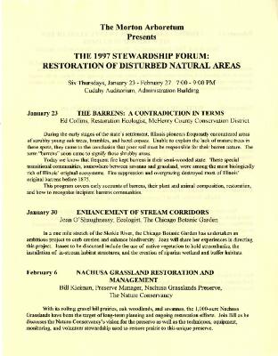 The 1997 Stewardship Forum: Restoration of Disturbed Natural Areas: Program Announcement